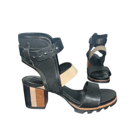 Sorel Addington Cuff Black Leather Heeled Sandals Size 7.5 | Block Heel Comfort - Picture 1 of 9